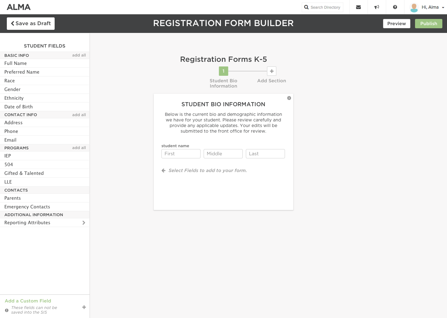 School SIS Registration form builder
