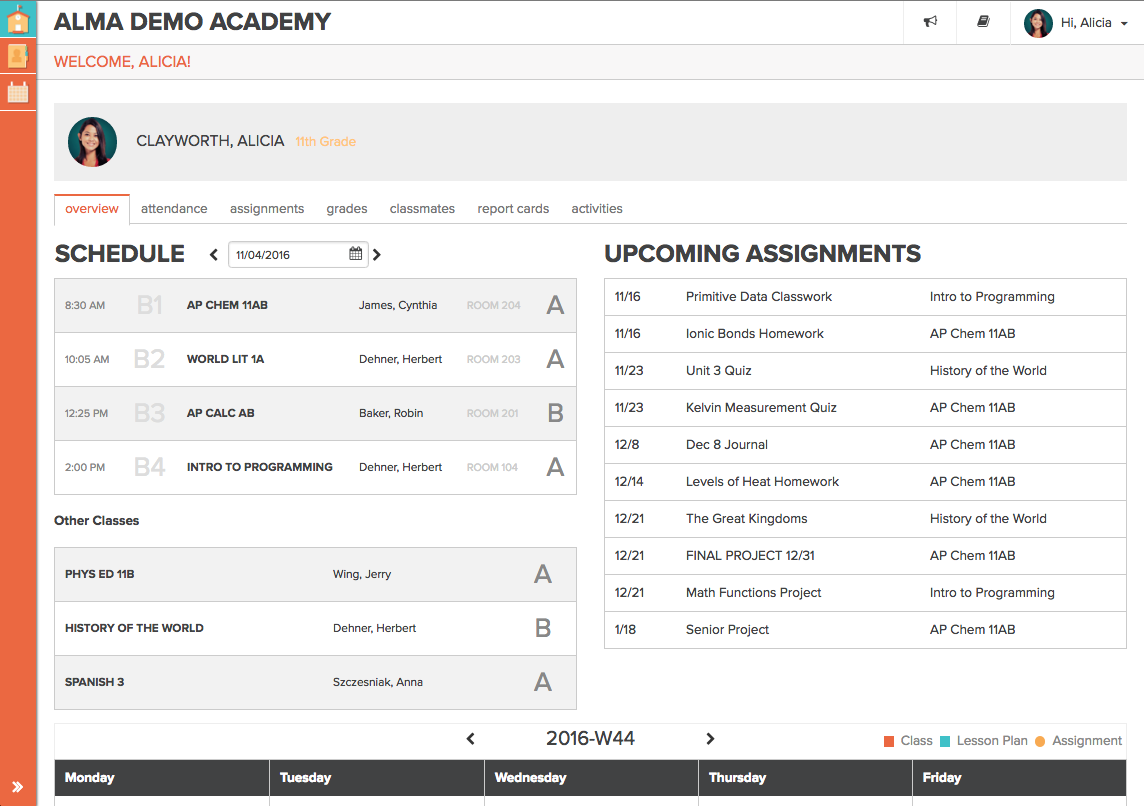 Student portal for schedule and assignments