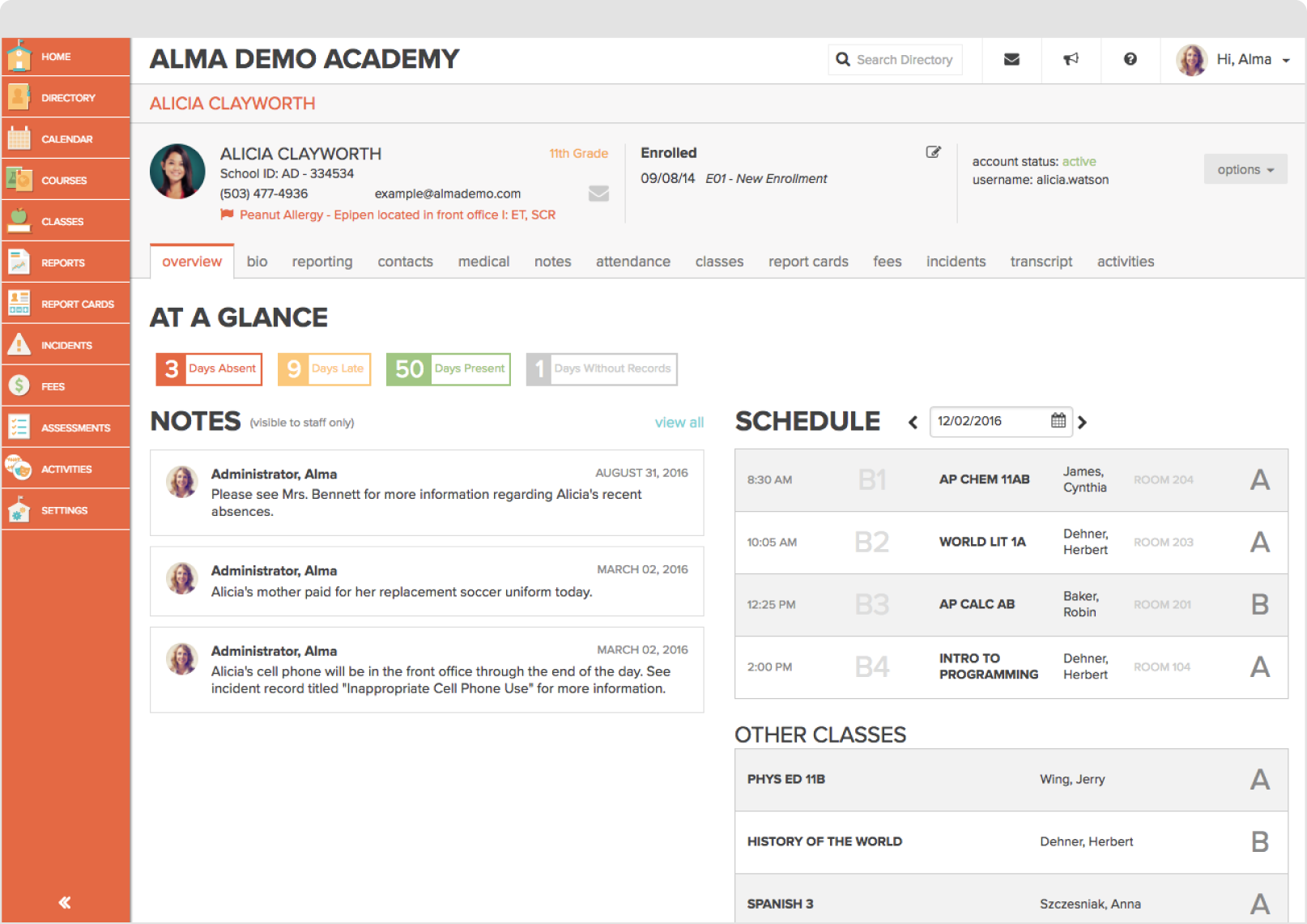 An example of a personalized student schedule screenshot