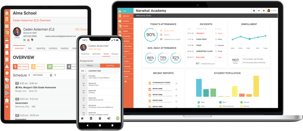 Watch video. Alma is a flexible easy to use SIS for distance learning that works across mobile, tablet and desktop as shown in these screenshots.