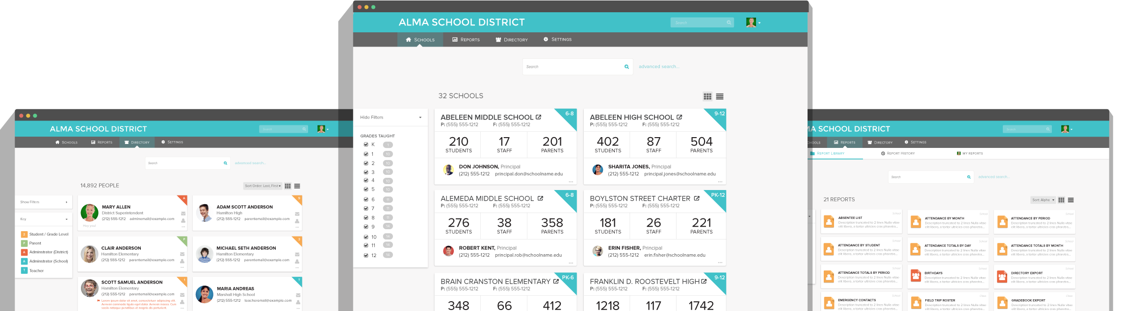 Three screenshots of Alma district portals and dashboards