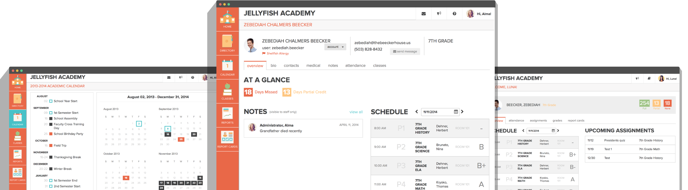 3 portal screenshots for school SIS dashboard and attendance system