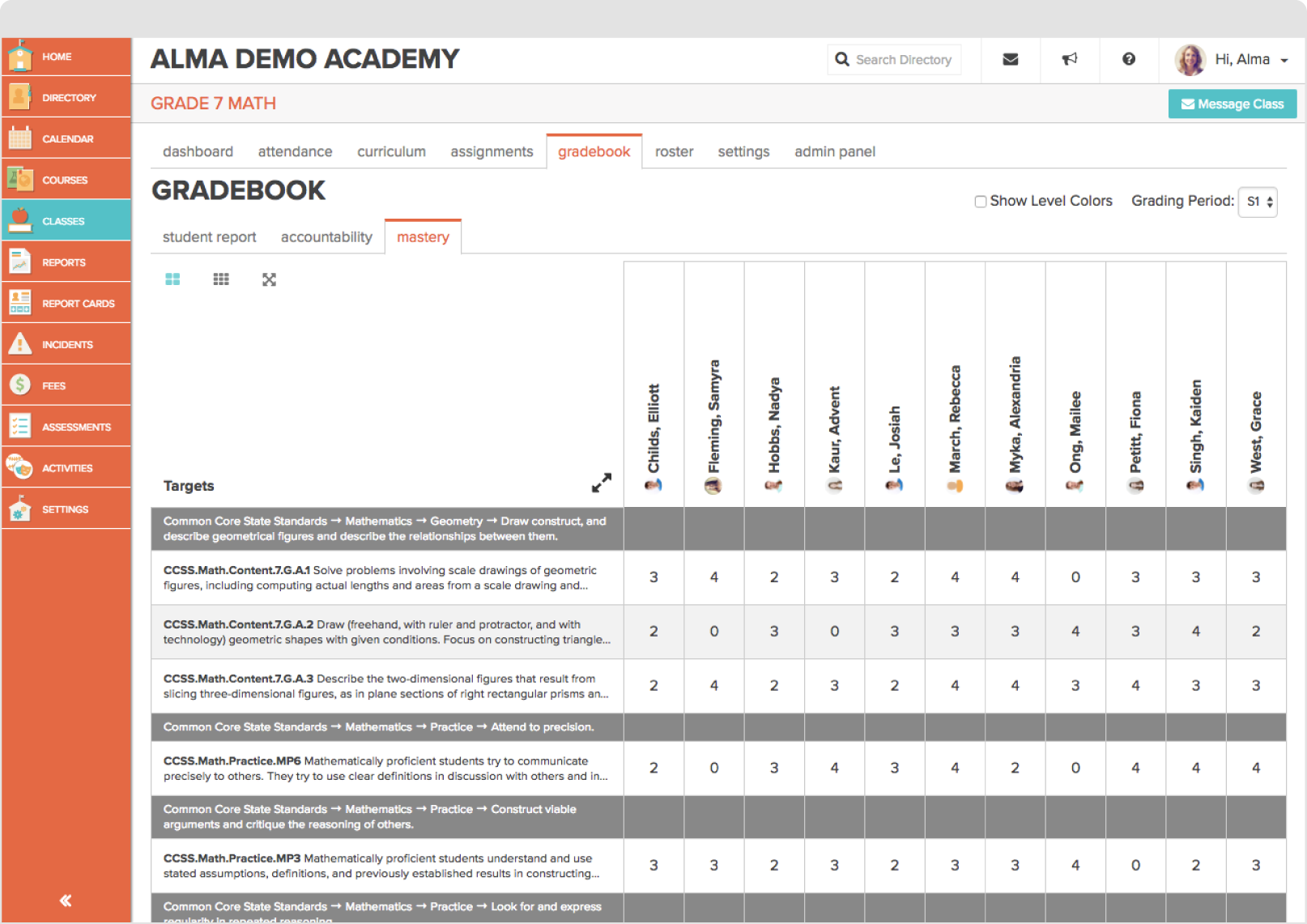 Custom progress report tool and proficiency based gradebook screenshot