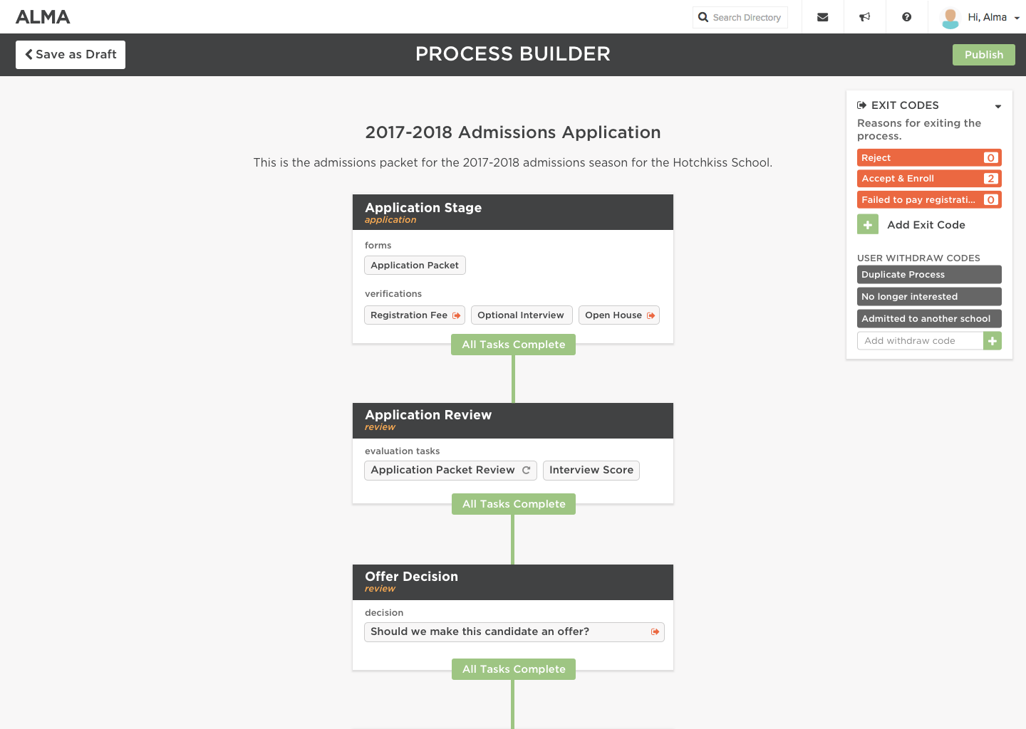 Admissions application process builder