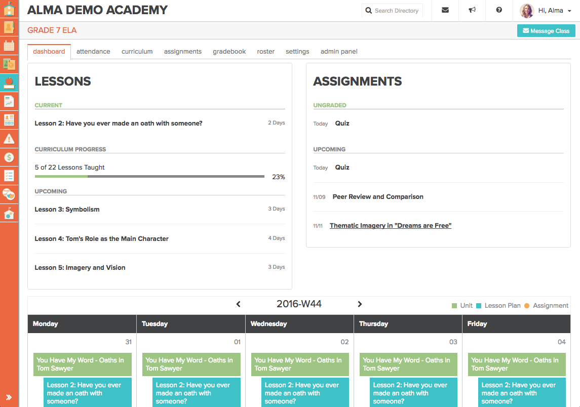 School SIS Course dashboard for lesson plans and assignments