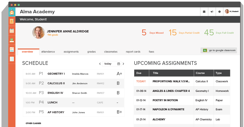 tudent Portal with and upcoming assignments Screenshot