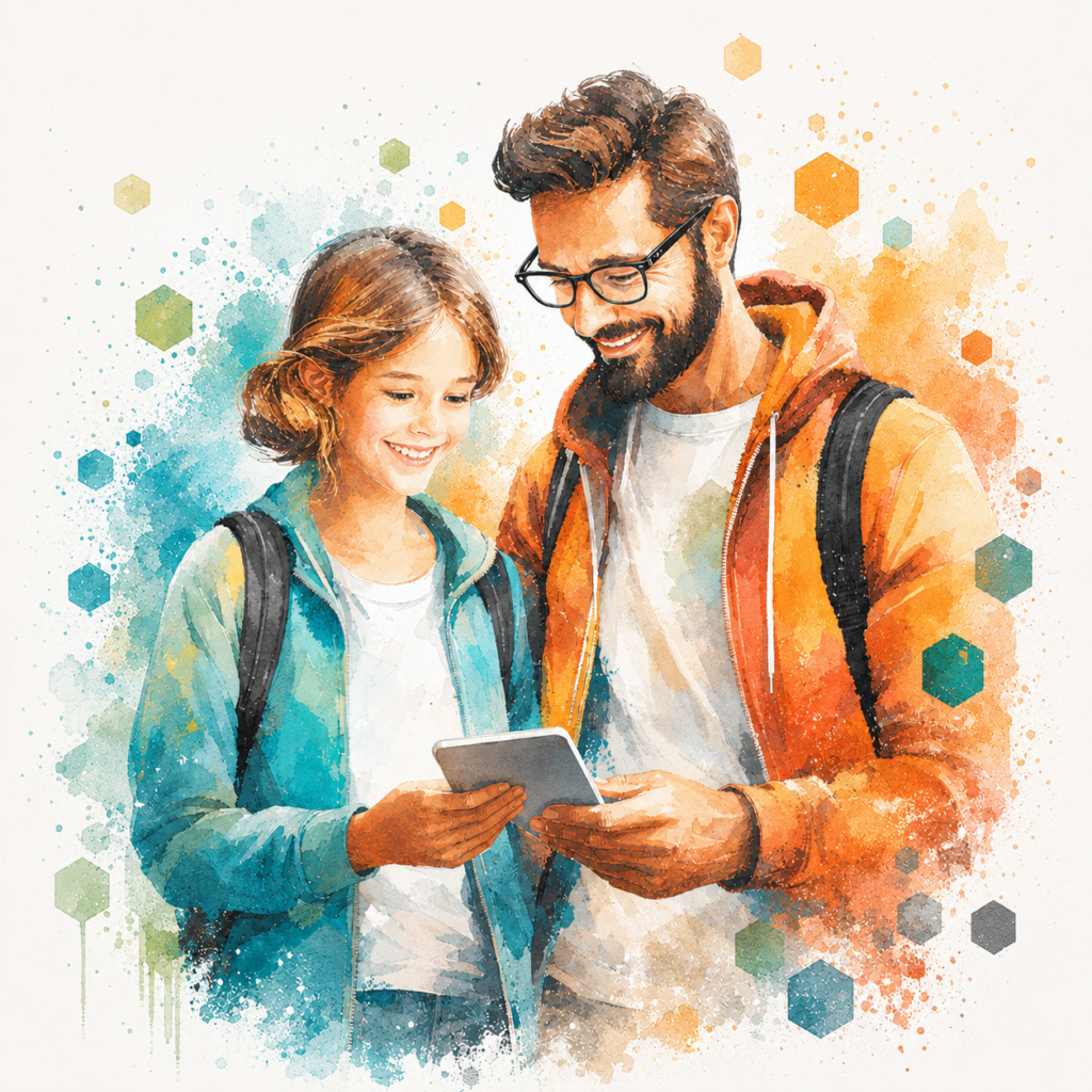 Two people with backpacks reviewing a tablet together in Alma watercolor style