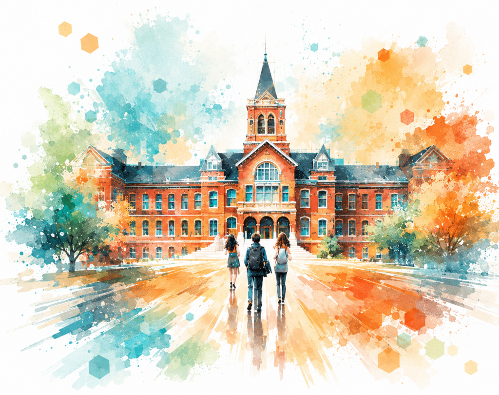 Students walking toward a historic district school campus in Alma watercolor style