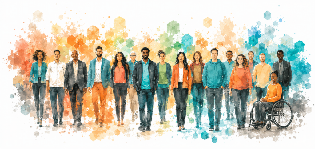 Diverse group of educators and school community members in Alma watercolor style