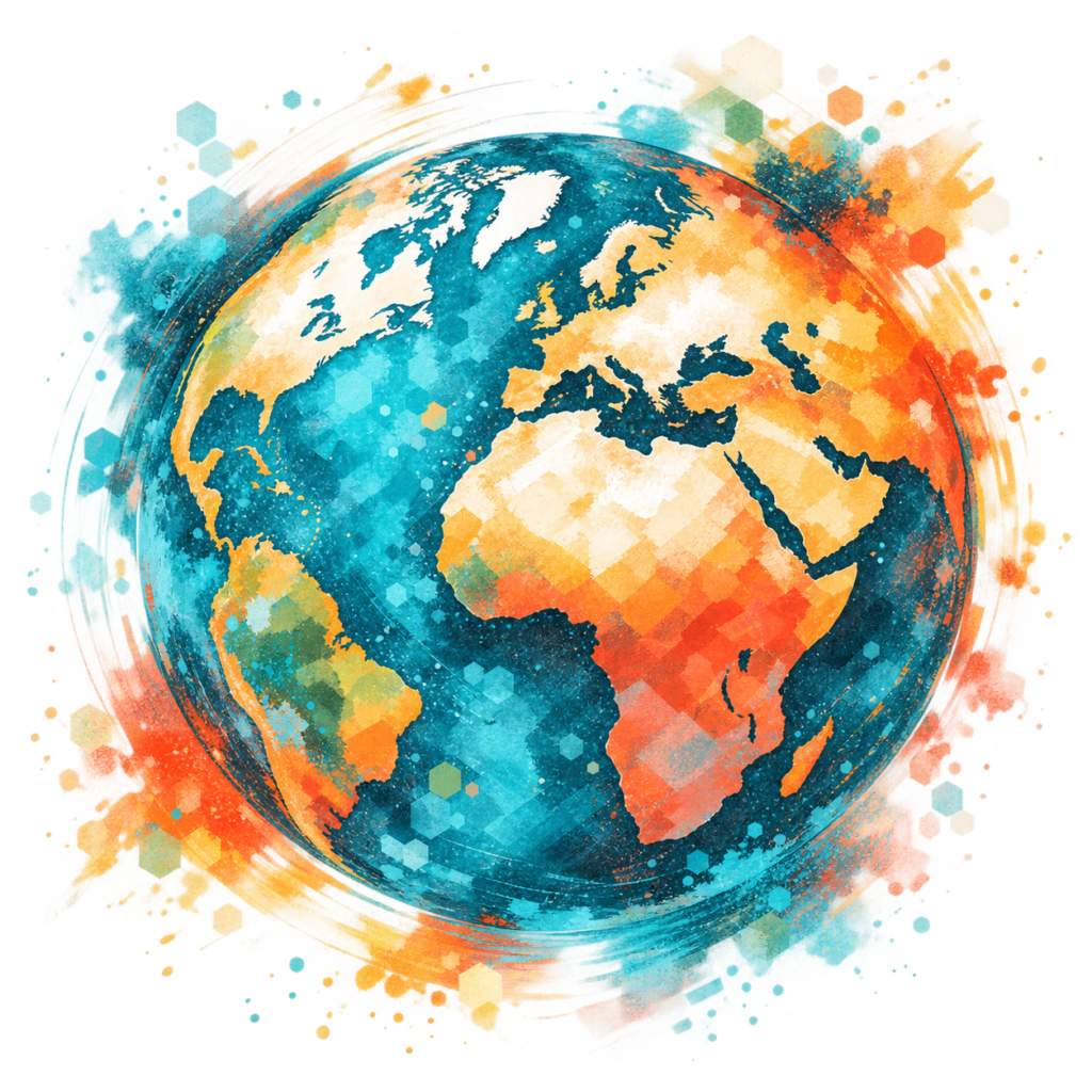 Watercolor globe centered on Europe and Africa in Alma brand colors