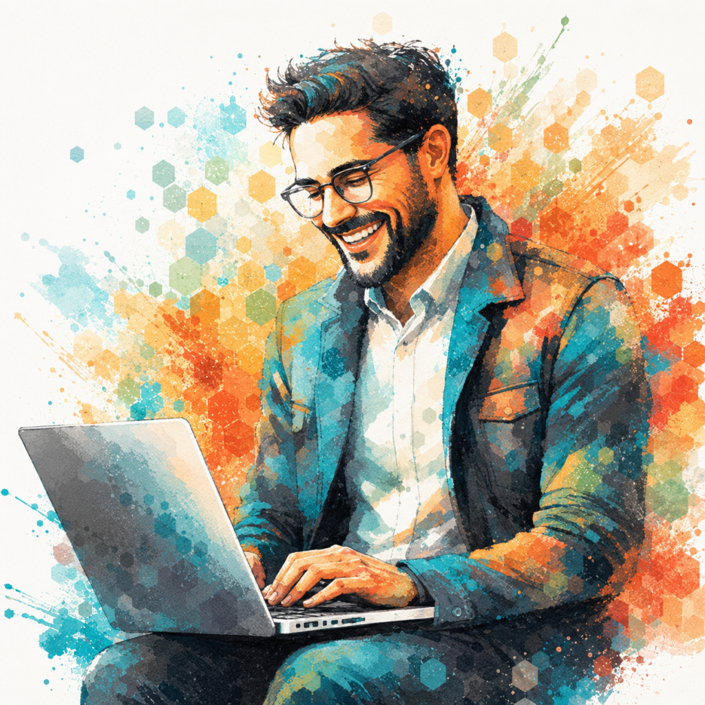 Smiling school professional working on a laptop in Alma watercolor style