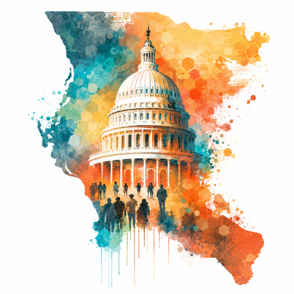 State silhouette with a capitol dome in Alma watercolor style