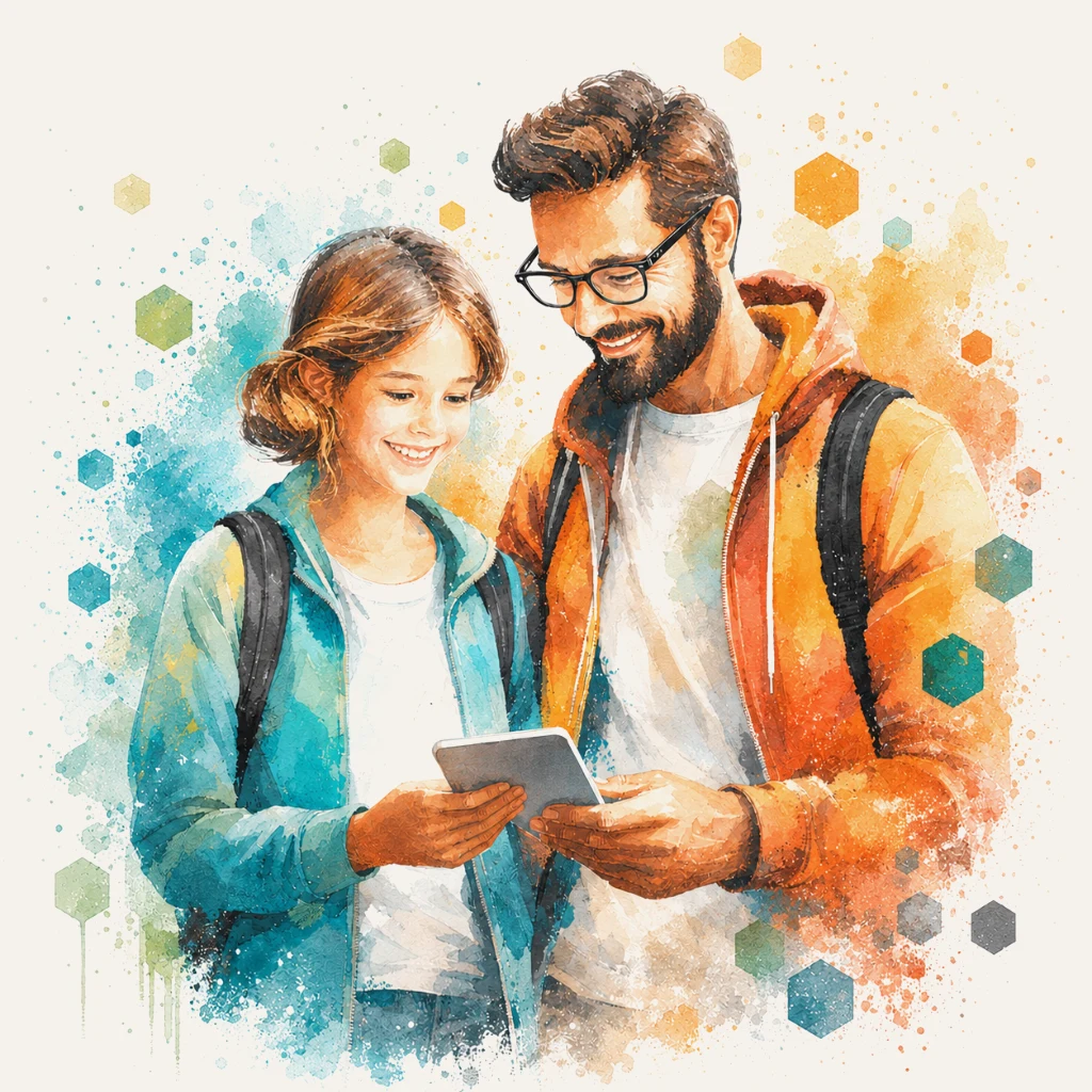Two people with backpacks reviewing a tablet together in Alma watercolor style