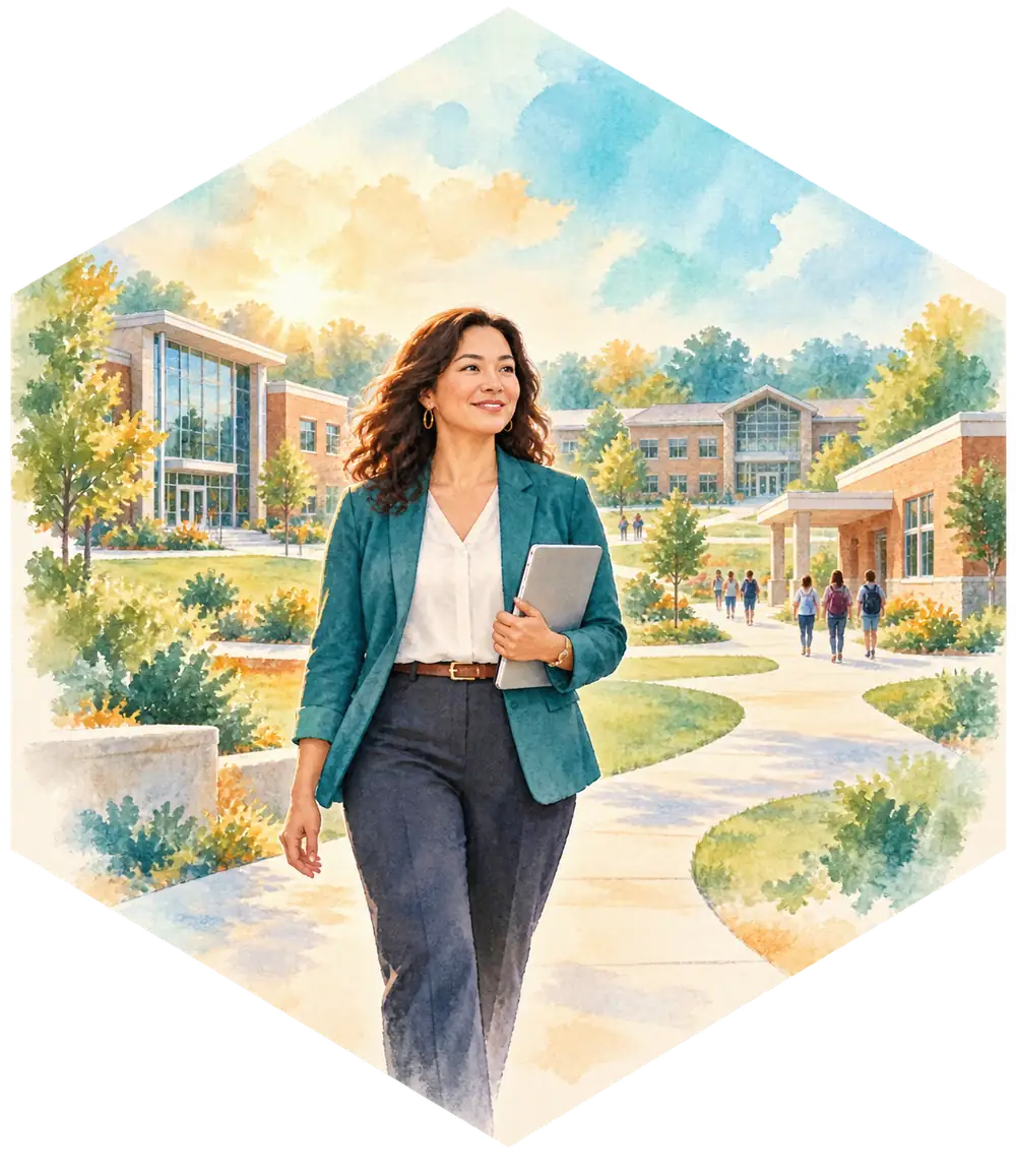 Watercolor illustration of a district leader walking a school campus at morning light, with students and school buildings behind her.