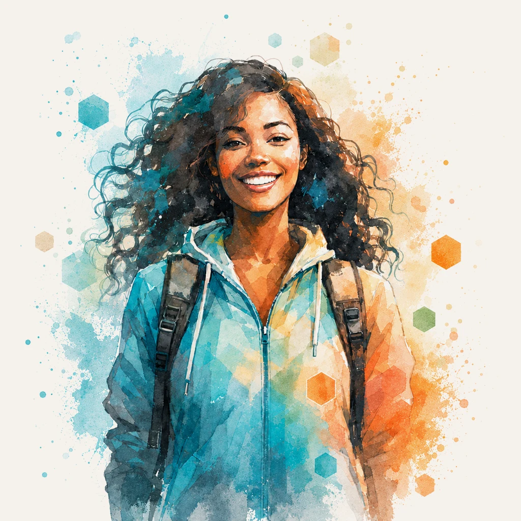 Smiling student wearing a backpack in Alma watercolor style